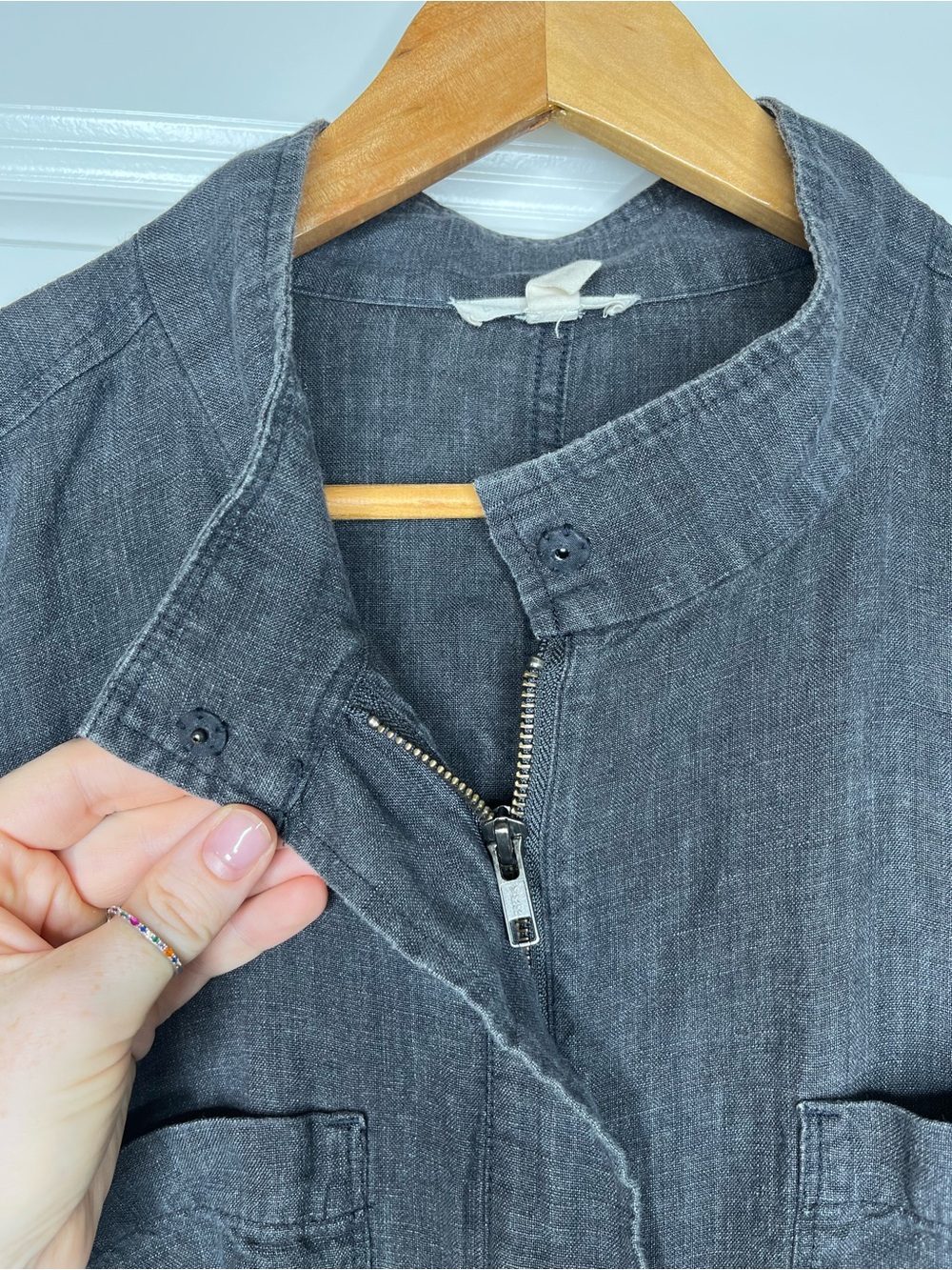 Eileen Fisher Washed Organic Linen Délavé Stand Collar Jacket Womens Large Gray - Picture 4 of 6